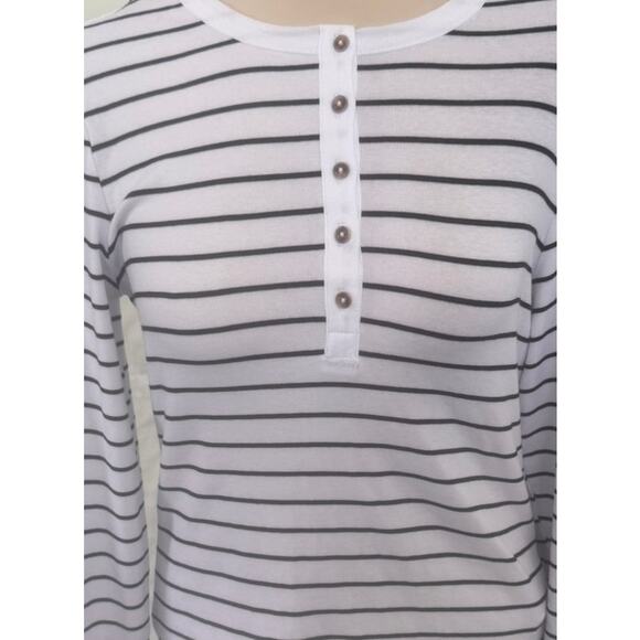 C&C California Womens Medium White Black Stripe Long Sleeve Henley Shirt - Picture 2 of 7